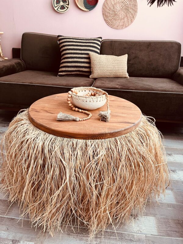 Rafya Saçaklı Ahşap Tablalı El Yapımı Bohem Orta Sehpa